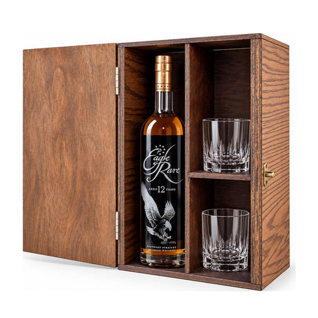 Eagle Rare 12 Year Bourbon Wooden Gift Box & 2 Crystal Glasses – wooden gift box with 2 crystal glasses