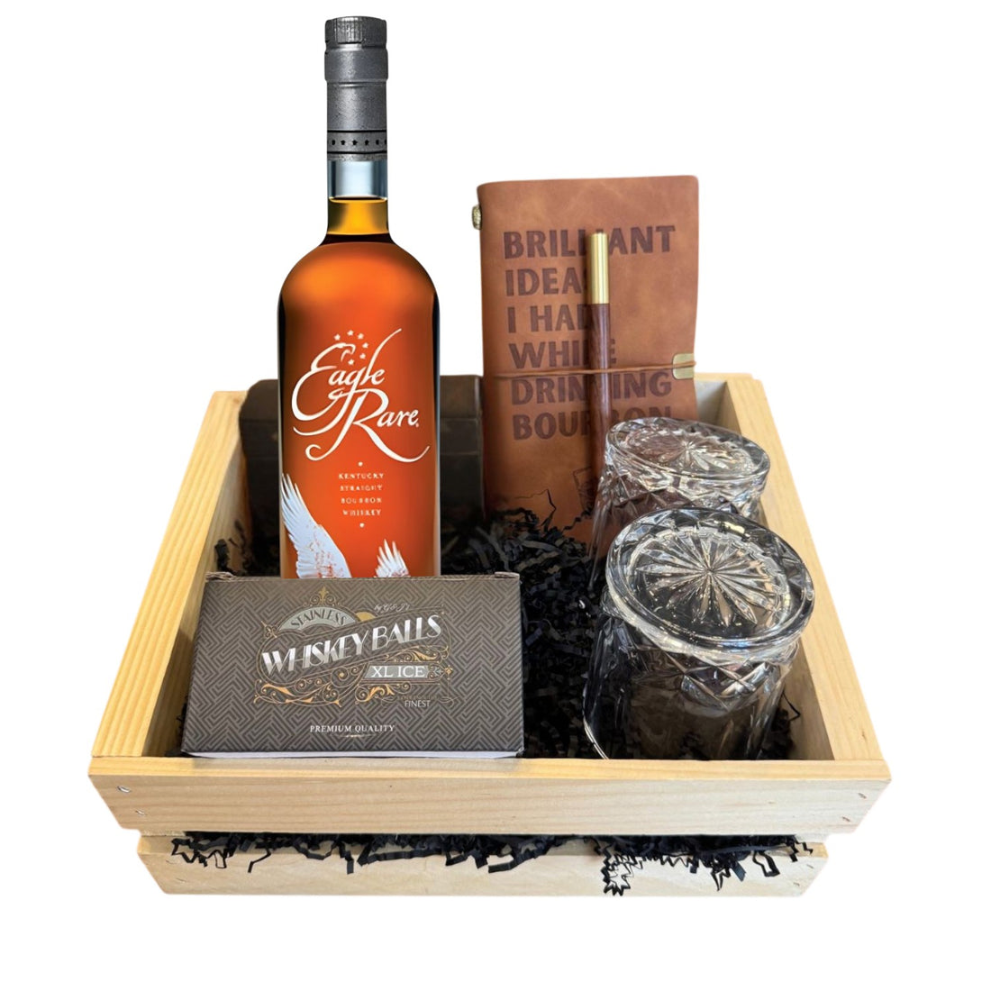 Eagle Rare 10 Year Bourbon Gift Crate with old-fashioned crystal-cut glasses, whiskey balls, and leather journal – available at Total Bourbon