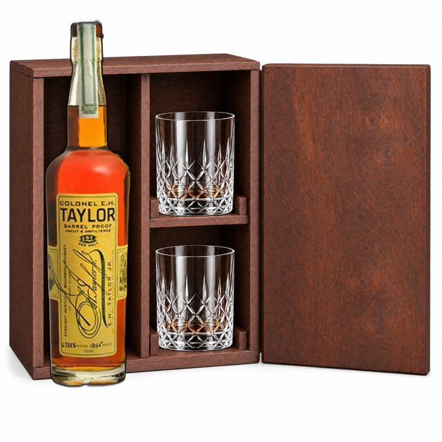 E.H. Taylor Barrel Proof bourbon wooden gift set with 2 crystal glasses — bold oak spice finish 750ml.