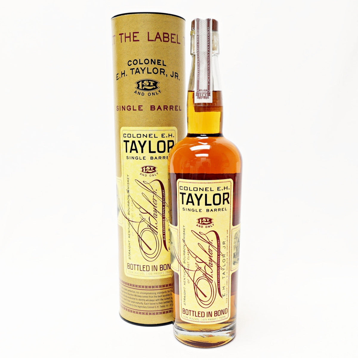 Colonel E.H. Taylor Single Barrel bottled-in-bond bourbon bottle front label — 100 proof Kentucky 750ml.