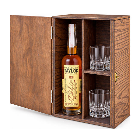 E.H. Taylor Single Barrel Bourbon Gift Set Wood Box 750ml – wooden gift box with 2 crystal glasses