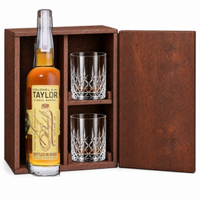 E.H. Taylor Single Barrel bourbon wooden gift set with 2 crystal glasses — rich oak spice finish 750ml.