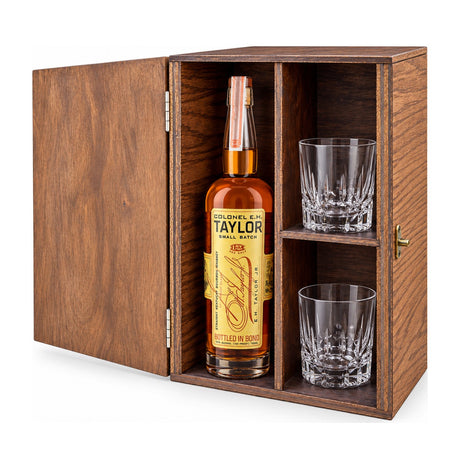E.H. Taylor Small Batch Bourbon Gift Set Wood Box 750ml – wooden gift box with 2 crystal glasses