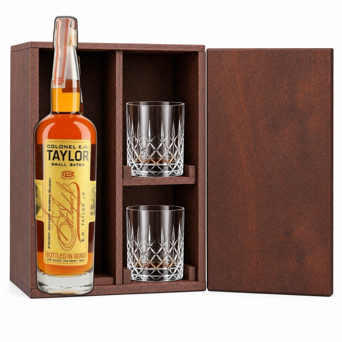 E.H. Taylor Small Batch bourbon wooden gift set with 2 crystal glasses — caramel oak vanilla finish 750ml.