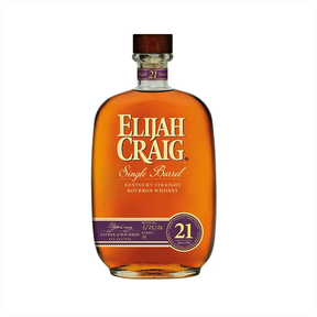 Elijah Craig Single Barrel 21 Year Kentucky straight bourbon whiskey 750ml bottle with purple age medallion; deep caramel and oak.