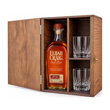 Elijah Craig Small Batch Wooden Gift Box & 2 Crystal Glasses – wooden gift box with 2 crystal glasses