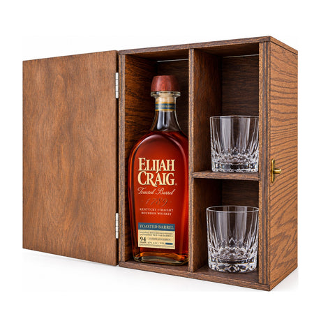 Elijah Craig Toasted Barrel Wooden Gift Box & 2 Crystal Glasses – wooden gift box with 2 crystal glasses