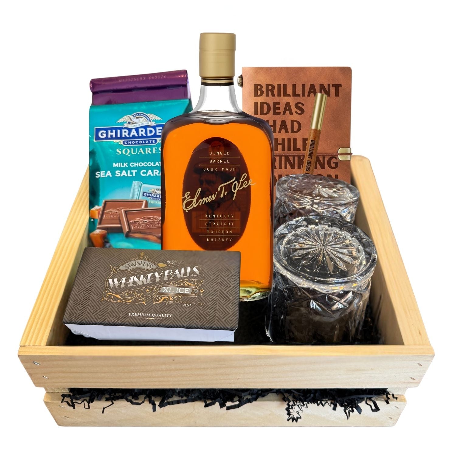 Elmer T. Lee Single Barrel Bourbon Gift Crate on white background – includes 750ml bottle, glasses, journal and chocolates – premium bourbon gift from Total Bourbon