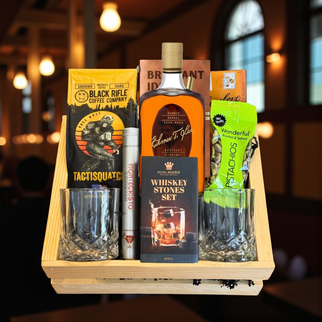 Elmer T. Lee Single Barrel Bourbon Top Shelf Gift Crate with whiskey, glasses, coffee, cigar and journal displayed in wooden crate – premium bourbon gifting set from Total Bourbon