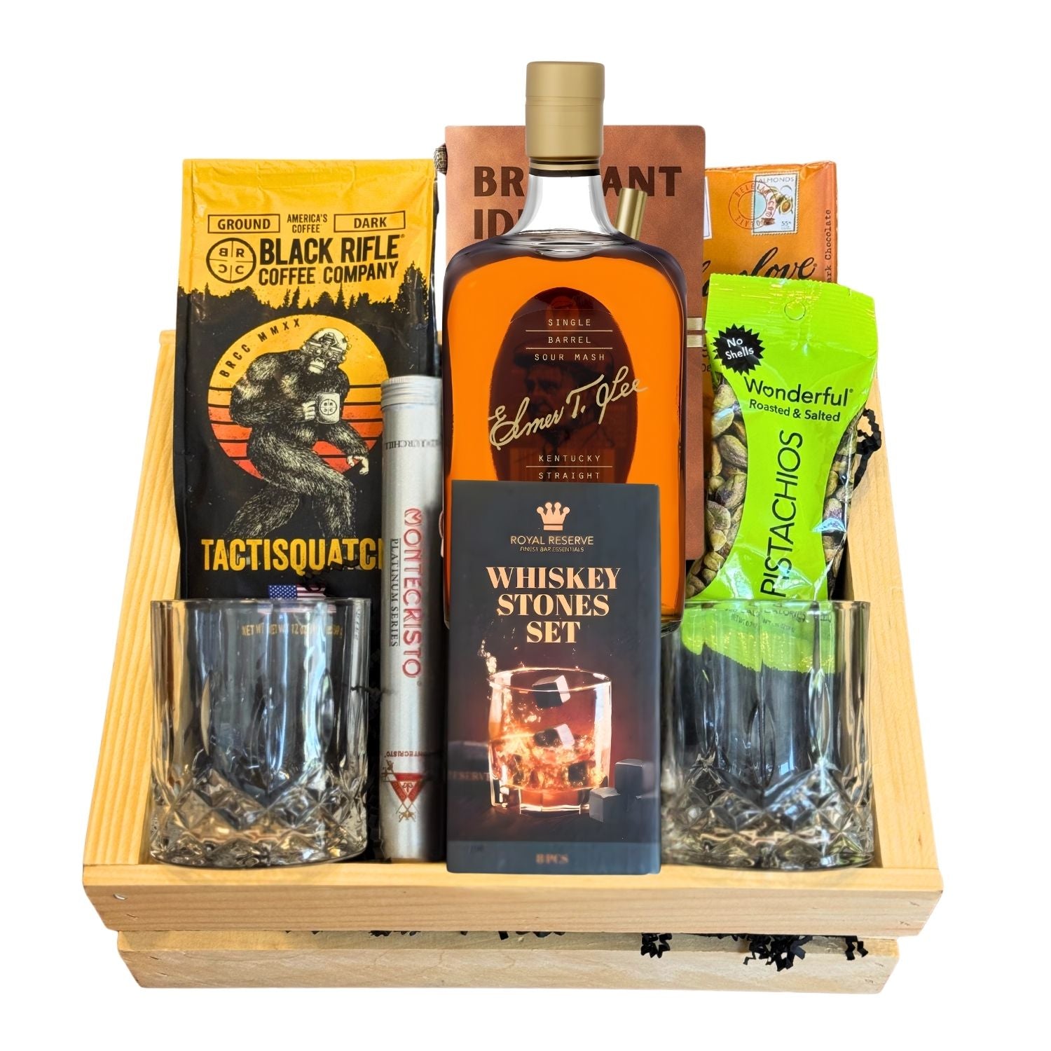 Elmer T. Lee Single Barrel Bourbon Top Shelf Gift Crate on white background – includes whiskey, glasses, journal, coffee and cigar – luxury bourbon gift from Total Bourbon