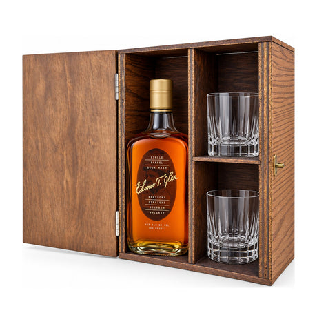 Elmer T. Lee Single Barrel Gift Set with Wooden Box & 2 Crystal Glasses – wooden gift box with 2 crystal glasses