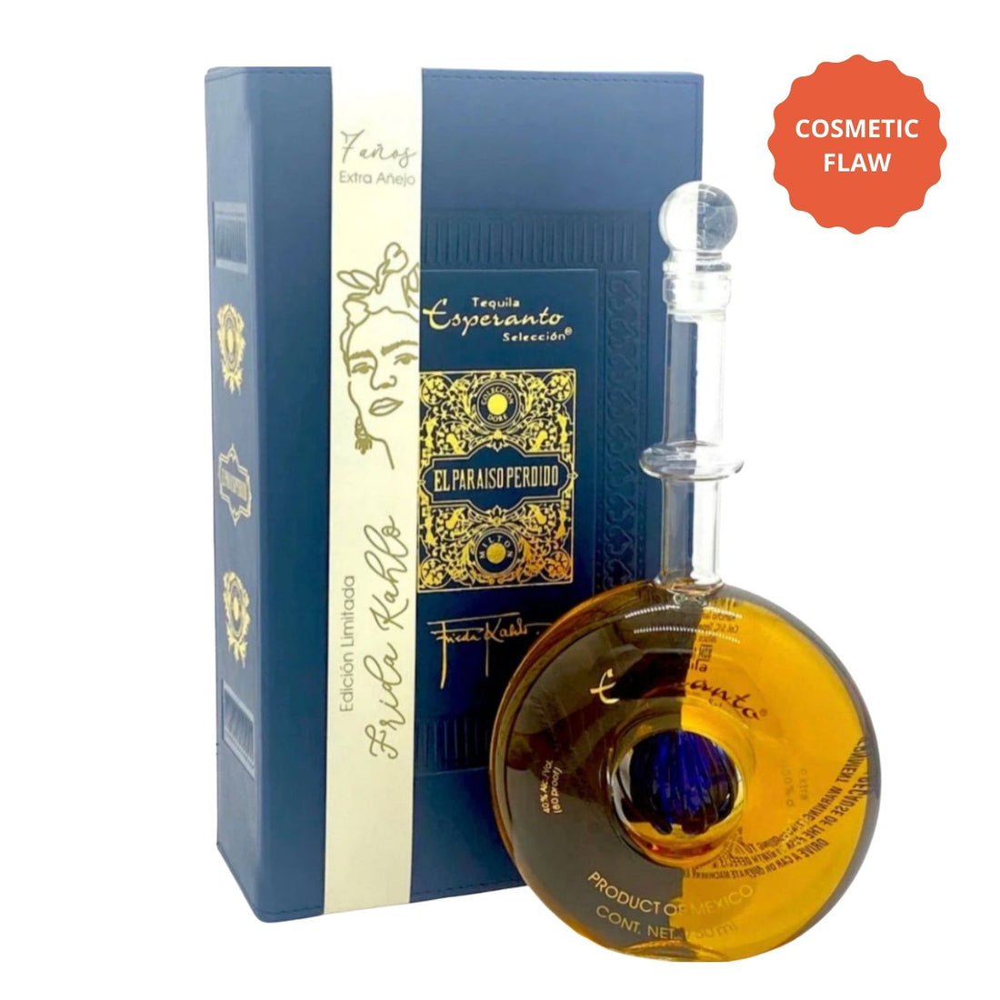 Esperanto Extra Añejo Tequila Frida Kahlo Edition 750ml hand-blown decanter, 7-year aged premium tequila from Jalisco Mexico, Bloopers cosmetic flaw discount bottle