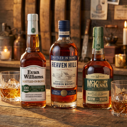 Evan Williams Bottled-in-Bond, Heaven Hill Bottled-in-Bond 7 Year, and Henry McKenna Single Barrel 10 Year Bottled-in-Bond bourbon bottles displayed together on rustic wood with crystal glasses and warm Kentucky bourbon bar lighting