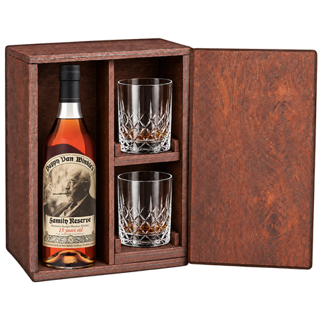 Pappy Van Winkle Family Reserve 15 Year Gift Set with Wooden Box & 2 Crystal Glasses featuring a 750 mL bottle, fitted wooden box, and two glasses