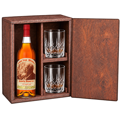 Pappy Van Winkle Family Reserve 20 Year Gift Set with Wooden Box & 2 Crystal Glasses featuring a 750 mL bottle, fitted wooden box, and two glasses