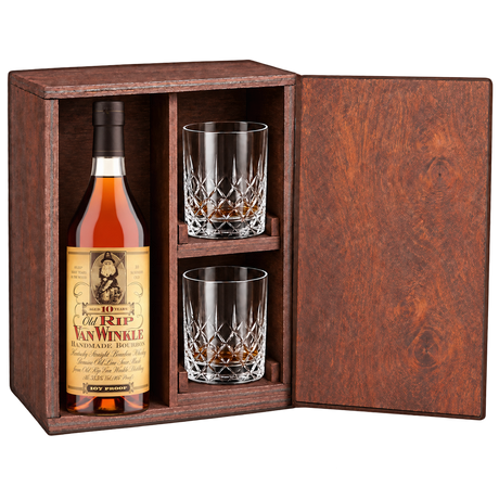 Old Rip Van Winkle 10 Year Gift Set with Wooden Box & 2 Crystal Glasses featuring a 750 mL bottle, fitted wooden box, and two glasses
