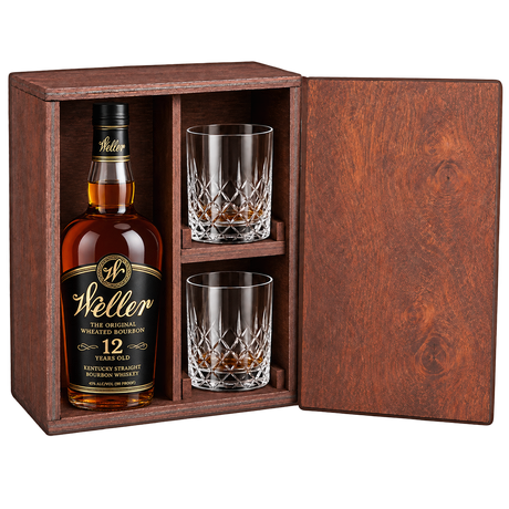 W.L. Weller 12 Year bourbon wooden gift box with two crystal glasses