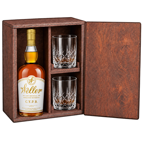 W.L. Weller C.Y.P.B. bourbon wooden gift box with two crystal glasses