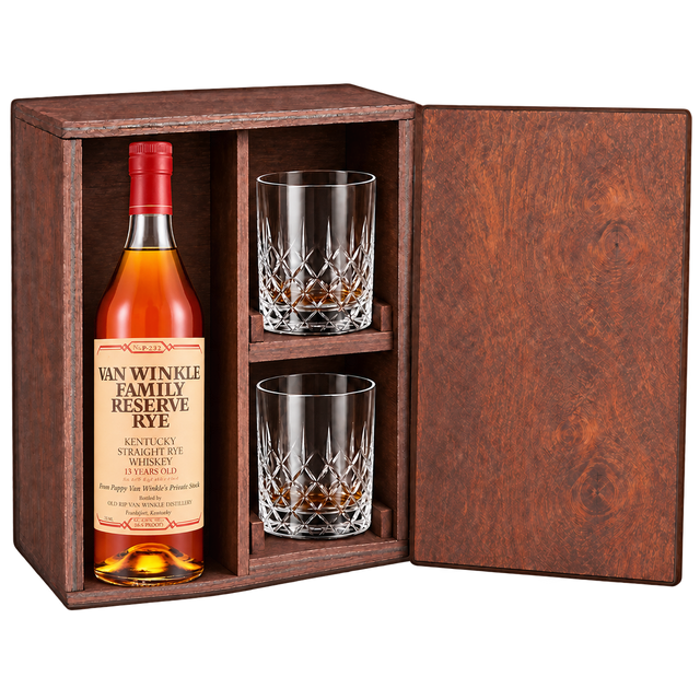 Van Winkle Family Reserve Rye 13 Year Gift Set with Wooden Box & 2 Crystal Glasses featuring a 750 mL bottle, fitted wooden box, and two glasses