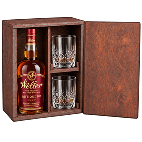 W.L. Weller Antique 107 bourbon wooden gift box with two crystal glasses