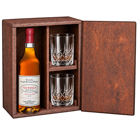 Van Winkle Special Reserve Lot B 12 Year Gift Set with Wooden Box & 2 Crystal Glasses featuring a 750 mL bottle, fitted wooden box, and two glasses