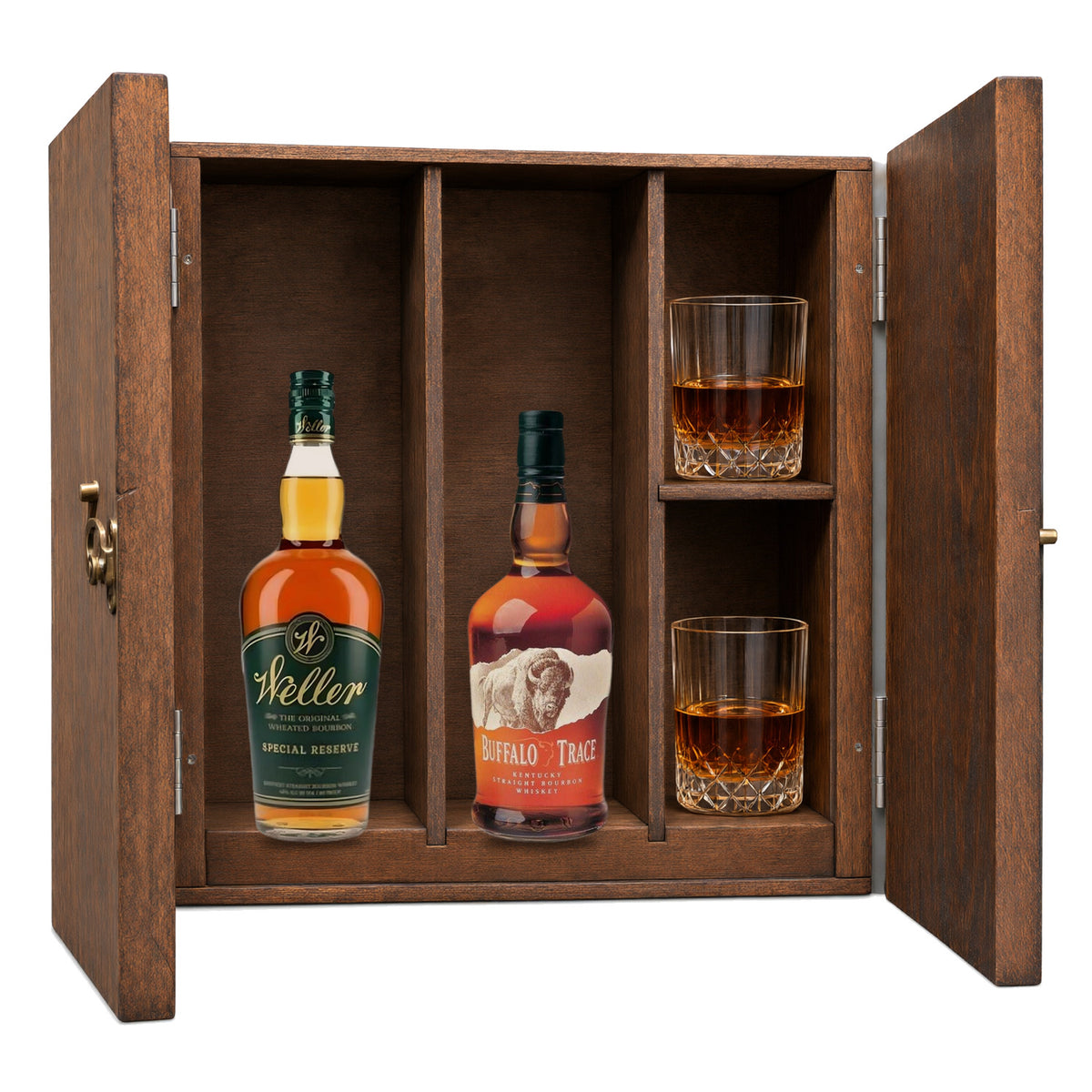 W.L. Weller Special Reserve & Buffalo Trace Kentucky Straight Bourbon in a wooden gift box with two crystal glasses on white