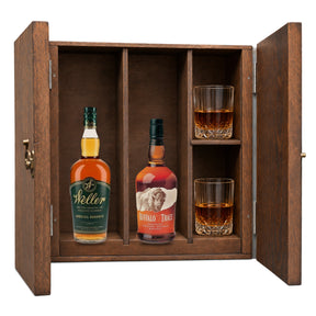 W.L. Weller Special Reserve & Buffalo Trace Kentucky Straight Bourbon in a wooden gift box with two crystal glasses on white