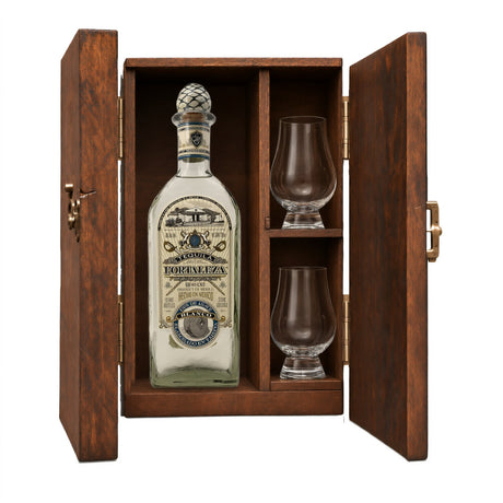 Fortaleza Blanco Lot 200B Tahona Crafted Tequila 750ml in a wooden gift box with 2 Glencairn glasses