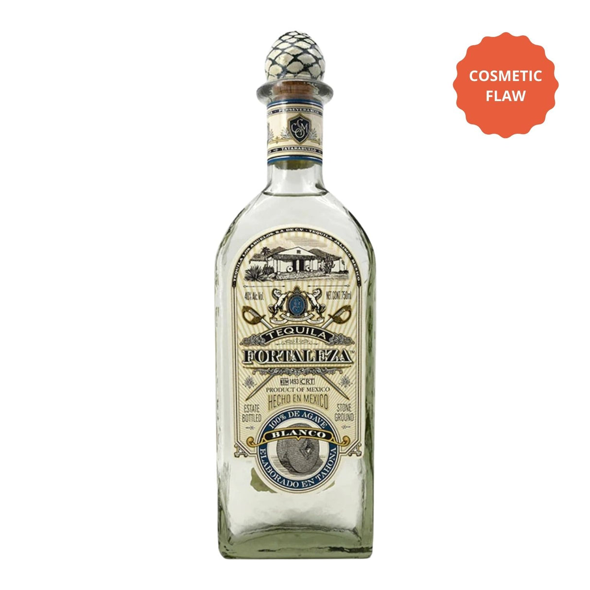Fortaleza Blanco Tequila 750ml bottle, tahona-crushed 100% Blue Weber agave from Jalisco Mexico, Bloopers cosmetic flaw discount bottle