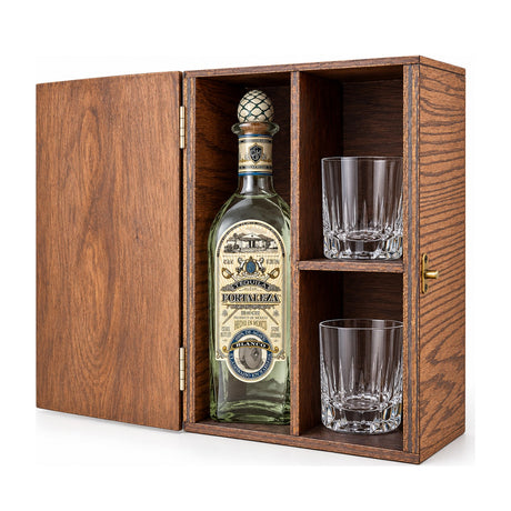Fortaleza Blanco Tequila Gift Set with Wooden Box & 2 Crystal Glasses – wooden gift box with 2 crystal glasses