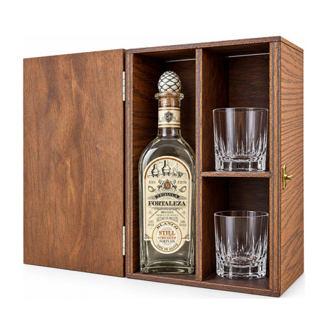 Fortaleza Still Strength Blanco Tequila Gift Set with Wooden Box & 2 Crystal Glasses – wooden gift box with 2 crystal glasses
