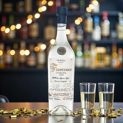 Fuenteseca Cosecha “Huerta Las Antenas” Blanco Tequila 2018 Limited Release bottle on rustic wood bar – lifestyle shot from Total Bourbon