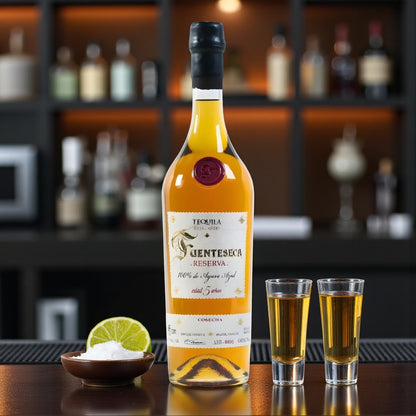 Fuenteseca Reserva 5 Year Extra Añejo Tequila Limited Edition bottle on bar with shot glasses, lime, and salt – lifestyle photo from Total Bourbon