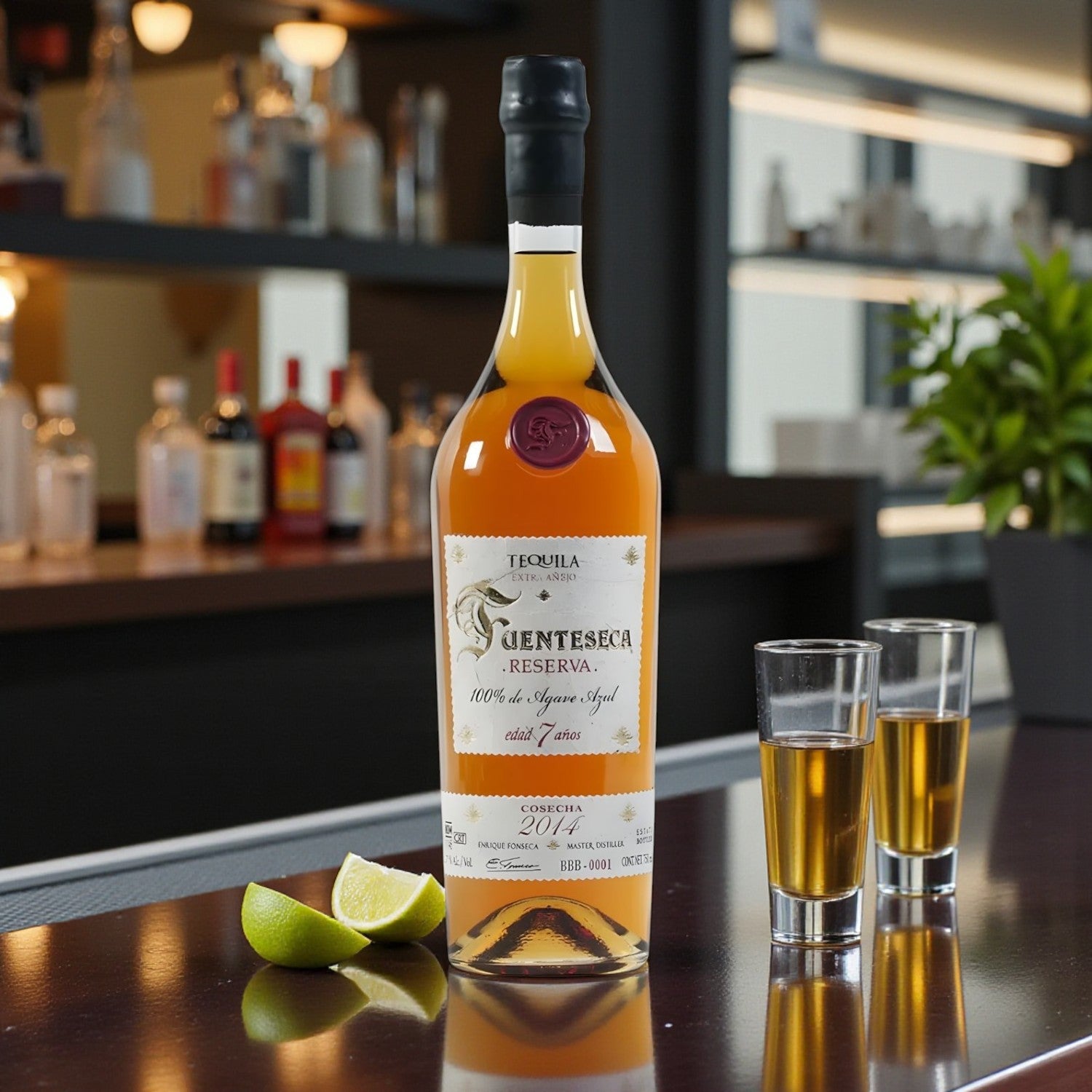 Fuenteseca Reserva 7 Year Extra Añejo Tequila Limited Release bottle with shot glasses and lime wedges on bar – lifestyle photo from Total Bourbon