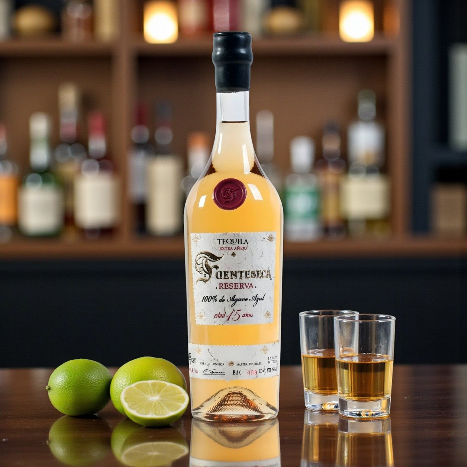 Fuenteseca Reserva Extra Añejo 15 Year Tequila 750ml bottle with shot glasses and limes on bar – lifestyle photo from Total Bourbon