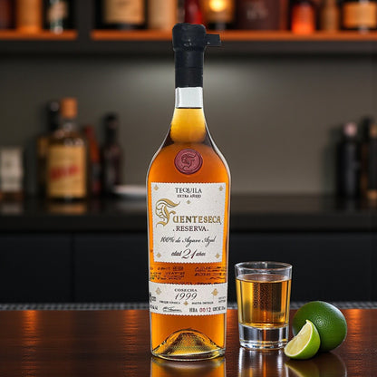 Fuenteseca Reserva Extra Añejo 21 Year Tequila 750ml bottle with shot glass and limes on bar – lifestyle photo from Total Bourbon