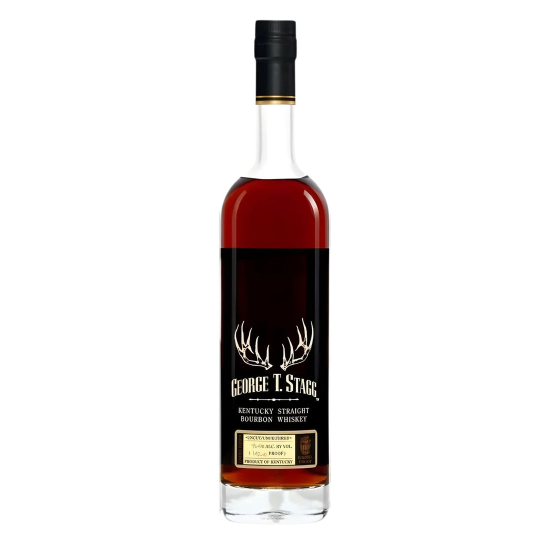 George T. Stagg Bourbon Whiskey 2025 Release 142.8 proof bottle on white background – limited edition Kentucky straight bourbon