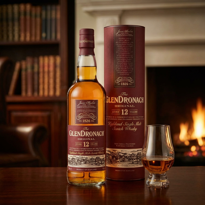 The GlenDronach Original 12 Year Old Highland Single Malt Scotch Whisky bottle with burgundy gift tube displayed on mahogany wood with warm fireplace lighting and Glencairn glass