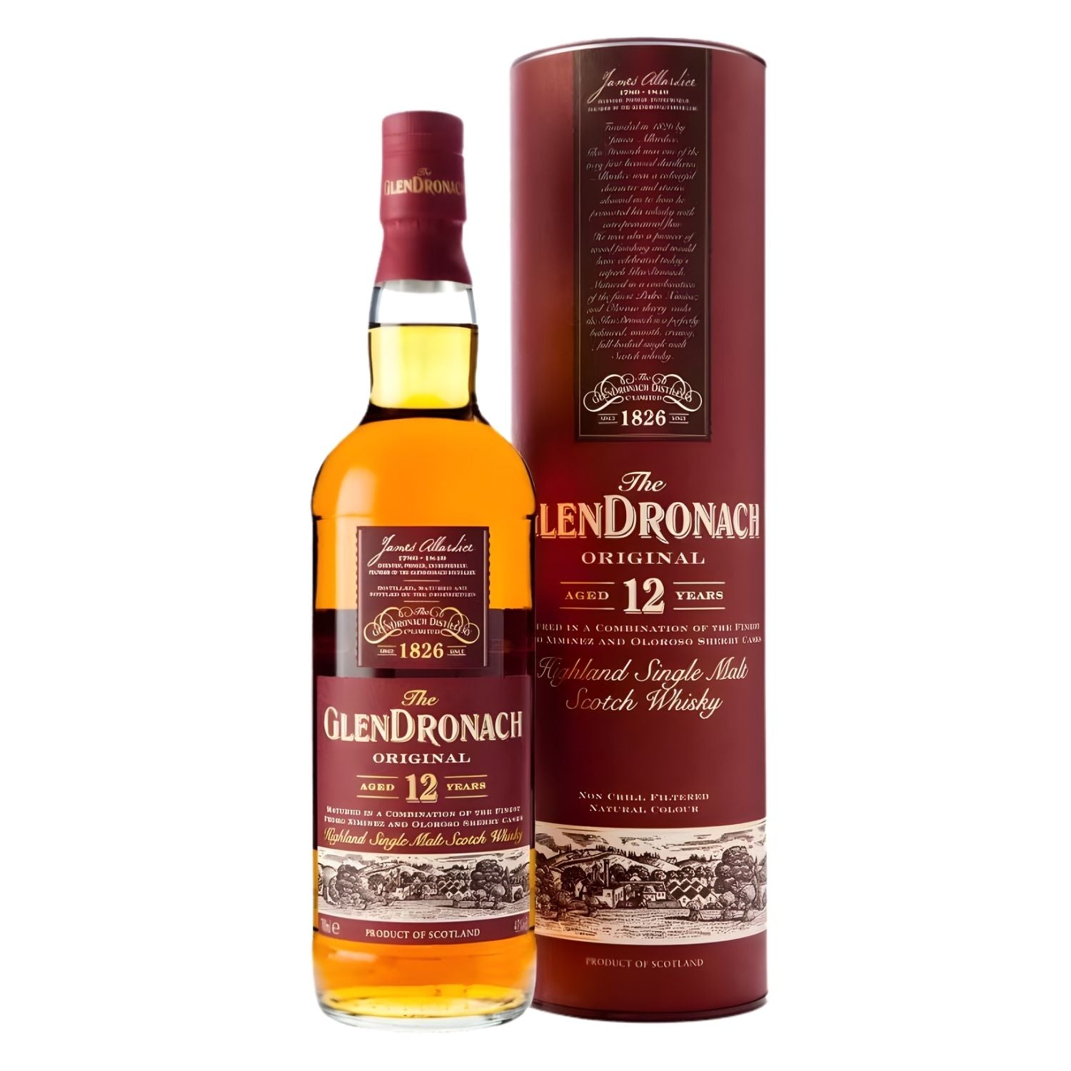 The GlenDronach Original 12 Year Old Highland Single Malt Scotch Whisky 750ml bottle aged in Pedro Ximénez and Oloroso sherry casks from the Valley of Forgue, Scotland