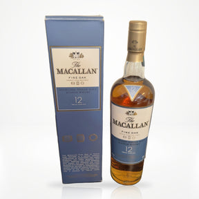 The Macallan Fine Oak 12 Year triple cask single malt Scotch whisky 750ml with box on white studio background