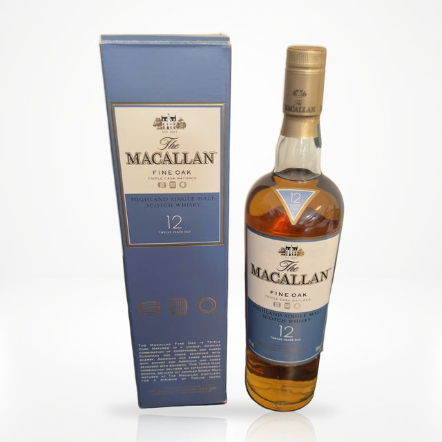 The Macallan Fine Oak 12 Year triple cask single malt Scotch whisky 750ml with box on white studio background