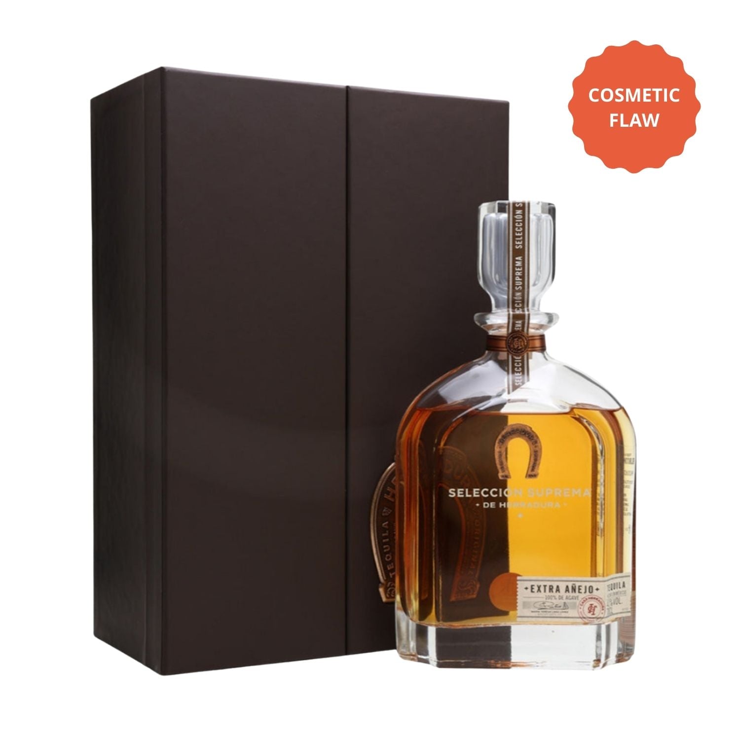 Herradura Selección Suprema Extra Añejo Tequila 750ml bottle, 49-month aged premium tequila from Casa Herradura Jalisco Mexico, Bloopers cosmetic flaw discount bottle
