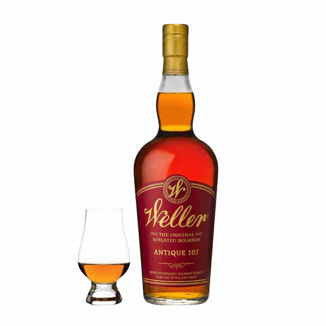 W.L. Weller Antique 107 bottle with Glencairn glass, no cigar