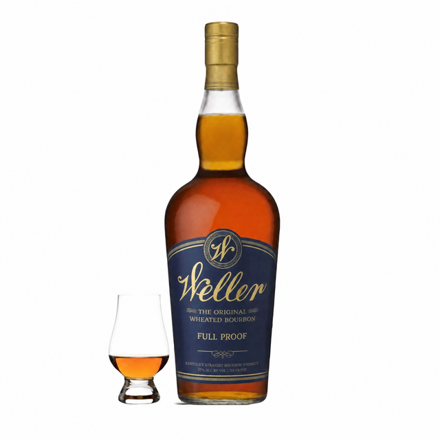 Weller Full Proof bourbon bottle with Glencairn glass
