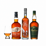 Buffalo Trace, Eagle Rare, and Weller Special Reserve bourbon bottles beside a Glencairn tasting glass on white