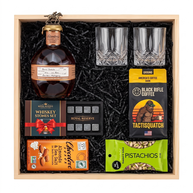 Blanton's Straight From the Barrel bourbon gift crate with two crystal-cut glasses, whiskey stones, ground coffee, dark chocolate, and pistachios in a natural wood crate.