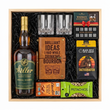 W.L. Weller Special Reserve Gold Foil Edition gift crate with two glasses, a leather bourbon journal and pen, whiskey stones, coffee, chocolate, and pistachios in a wood crate.
