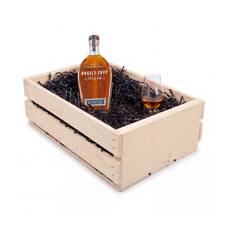 Angel's Envy Triple Oak bourbon gift crate with a Glencairn-style tasting glass and a whiskey stones set in a hand-finished wooden crate.
