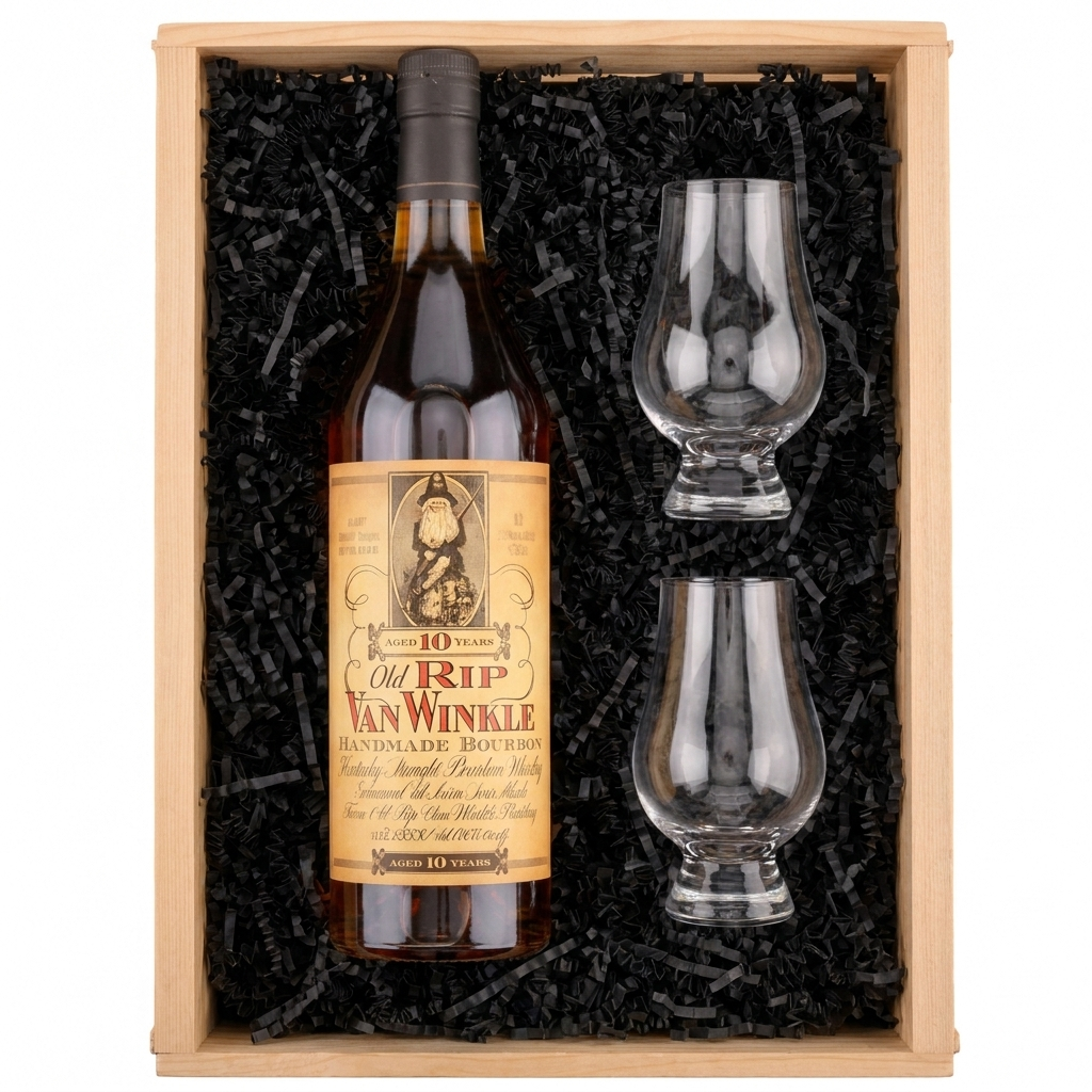A whiskey gift set in a light wood box filled with black crinkle paper. The set includes a bottle of Van Winkle 10 Year Old rye whiskey with a tan label, and two clear crystal tasting glasses.