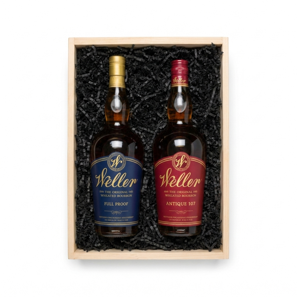 A wooden gift box filled with black crinkle paper packaging, holding two bottles of Weller whiskey. The left bottle has a blue label and a gold cap, and the right bottle has a red label and a red cap.